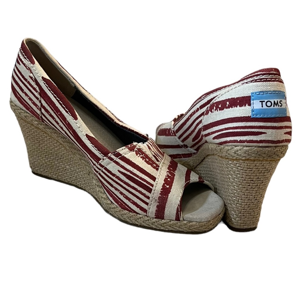 TOMS Calypso Canvas Wedge Espadrille Red/Cream Stripe 7.5 - Picture 1 of 10